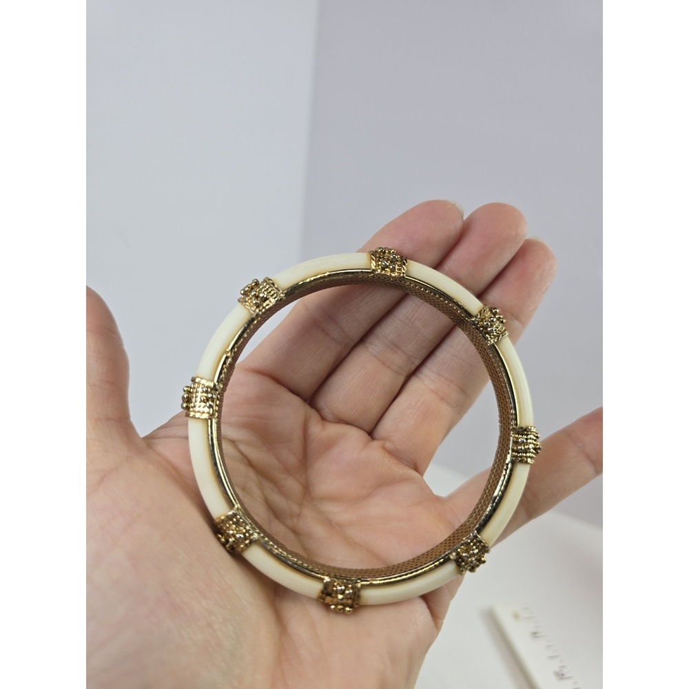 Vintage Ivory Lucite Bangle Bracelet Gold Tone Textured Boho Statement Jewelry